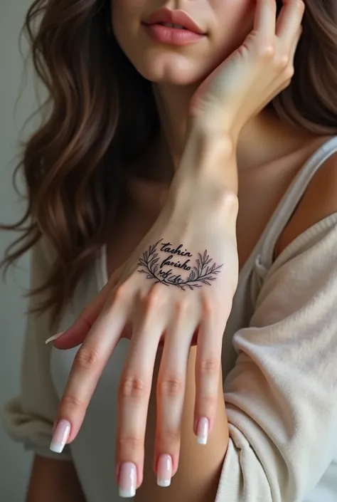 Realistic girls hand with tatoo named "Tashin Farishta Sazia"