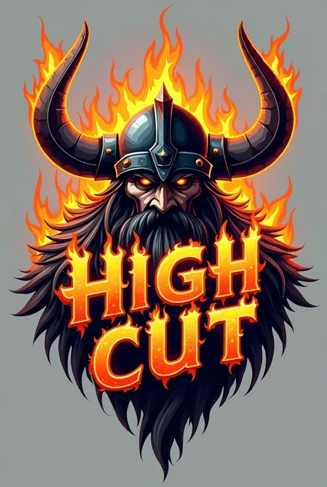 Logo for hairdressing salon with the name High Cut with letters with fire and a Viking