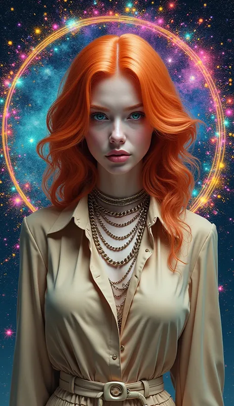 Drip and splatter neon art despicting an hyperrealistic exotic ginger  woman of turquoise color hair & smooth radiant skin, wearing a modern designer glossy beige attire with multiple metalic  chains. A mandala of deep splash neon art. hyperrealistic portr...