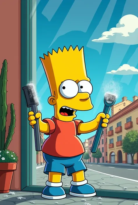 Bart Simpson with a strip and a juicer to clean glass in Malaga