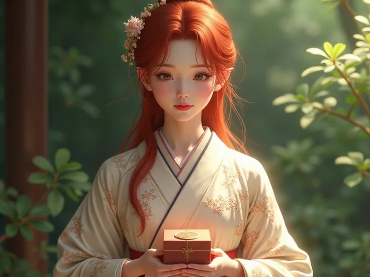 Pretty redhead girl wearing kimono, holding square box