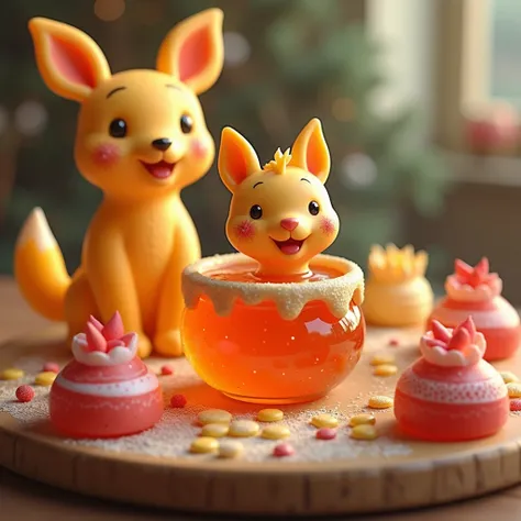  Realistic, Kazkovo-cartoon world, high quality ,  highly detailed ,  hyperrealistic ,  extremely realistic ,  photorealistic , 8k,  colored marmalade candies in the form of animals, candies come to life and have fun on the festive table 