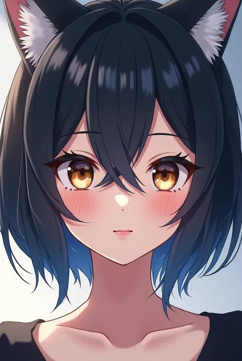 an anime girl,  Wolf cut style short hair ,  very dark blue and brown highlights, somewhat large eyes ,  pompous small lips ,  slightly marked cheekbones ,  light red cheeks  