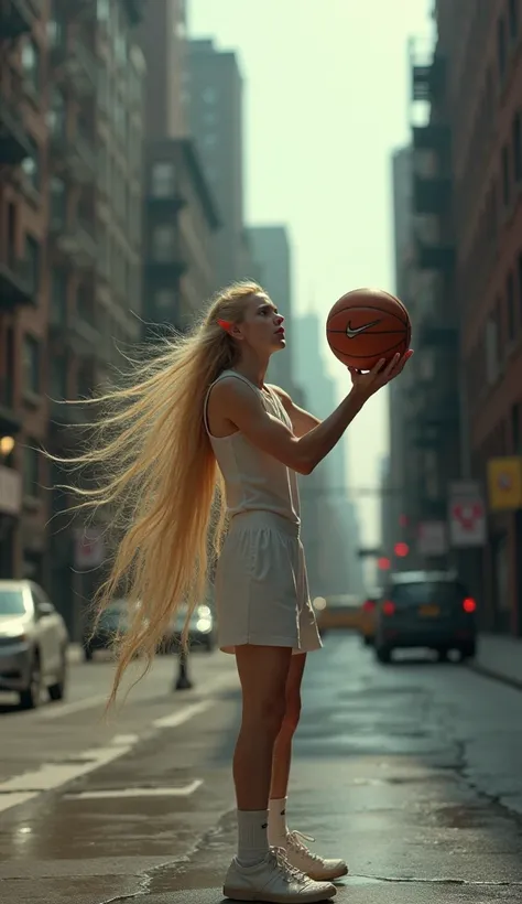 An adult boy elf with long blonde hair . elongated ears.  playing basketball in a New York neighborhood. Hes shooting the basket . The ball is a Nike brand.