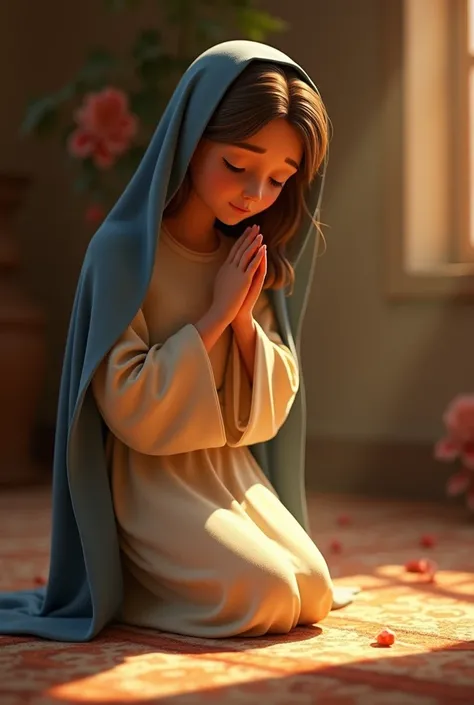 Mary the mother of Jesus kneeling down looking down Pixar style