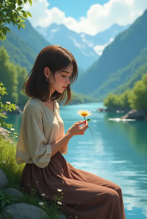 A 25 year old girl with a katun back flower in her hand sitting by a river on a mountain with brown medium height long hair hazel eyes