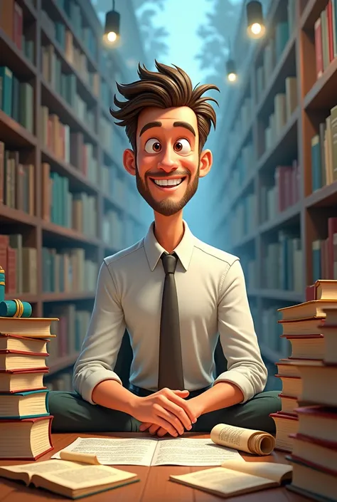  animated, male teacher with books on a table, bottomless