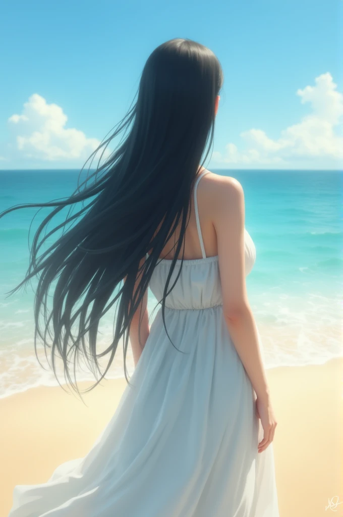 Black-haired girl with her back to the beach in a long white dress 