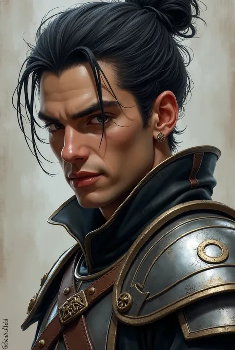 githyanki, solo, handsome, looking at viewer, male, smirking, plate armor, black hair,  bun, spiky earrings, male focus, portrait, hyperrealistic, intricately detailed, ((masterpiece, best quality)), art by greg rutkowski, artwork trending on artstation, u...