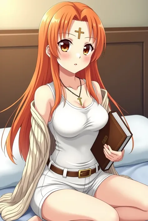  anime Asuna Yuuki with orange hair and orange eyes ,  she is sitting on the bed she is wearing a white outfit with belt with knitted jacket white she is wearing a Jesus necklace on her neck,  she has a , She holds a Bible in her hand on her head a syllabl...