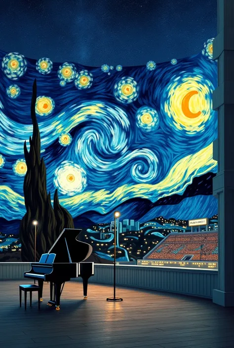 Van Goghs Starry Night with a stadium on the right and a piano on the left