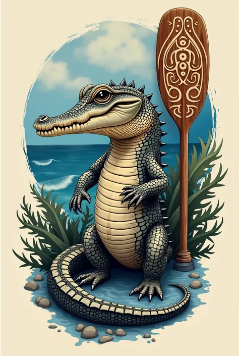 A baby crocodile, with the ocean and a waka ama paddle and a maori pattern all together near eachother perfect for a tattoo