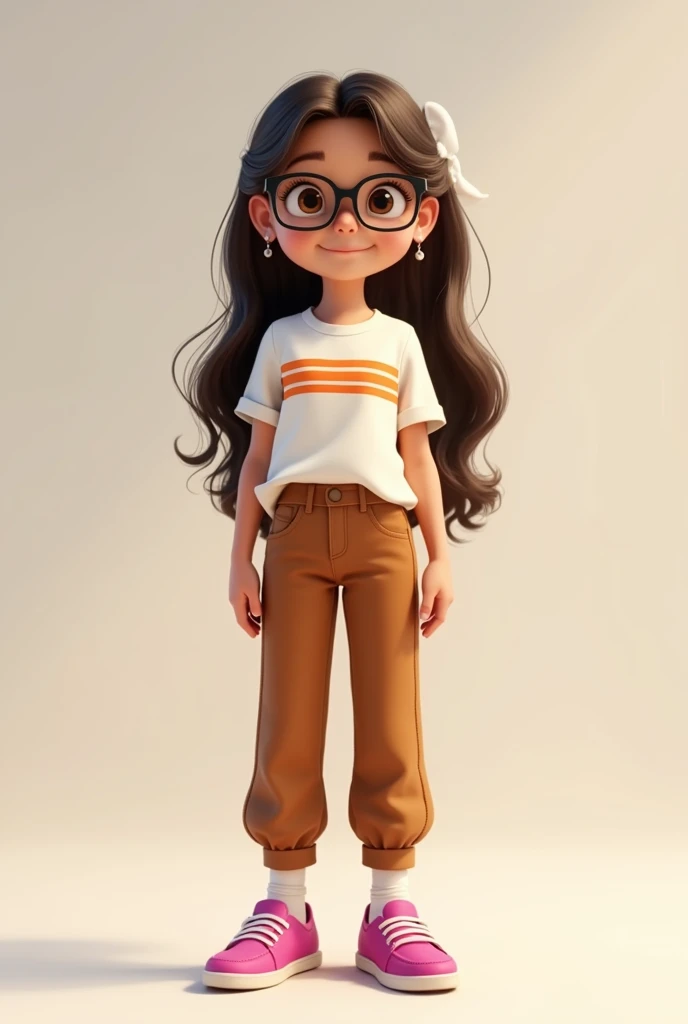 a  girl with glasses and long dark brown hair, has brown eyes, Wear a white shirt with orange stripes and brown pants and magenta Disney Pixar shoes