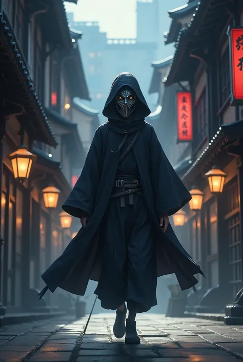 Create me an assassin in a medieval anime world that has a juvenile shape and a full mask that covers his entire face 