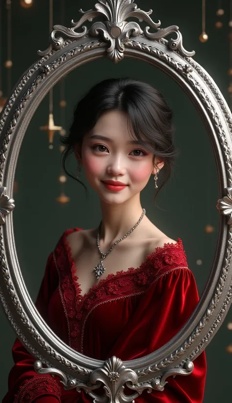 a portrait of a Graceful  of sweet smile and short hair, radiant skin, a Blushing Soft Round face, wearing elegance in fashionable red velvet dark medieval Christmas outfit, Digital artwork Inspired by the fantasy concept art from Luis Royo, Gustavo ‘Cirue...