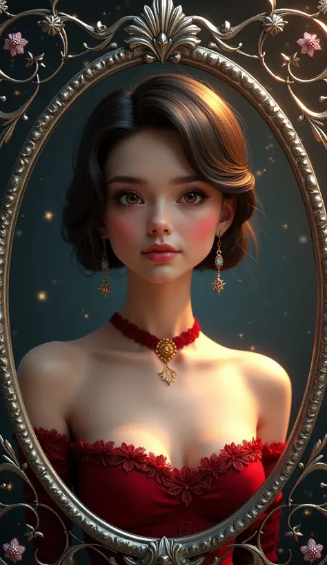 a portrait of a Graceful  of sweet smile and short hair, radiant skin, a Blushing Soft Round face, wearing elegance in fashionable red velvet dark medieval Christmas outfit, Digital artwork Inspired by the fantasy concept art from Luis Royo, Gustavo ‘Cirue...