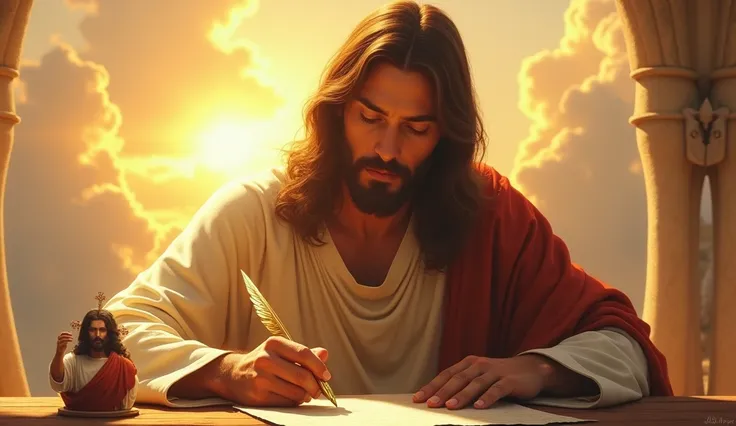 An inspiring and serene depiction of Jesus Christ writing a letter, perfect hands, no distortion, writing with a golden quill-shaped fountain pen, radiant golden sunlight shining behind him, soft clouds in the background, warm and peaceful atmosphere, high...