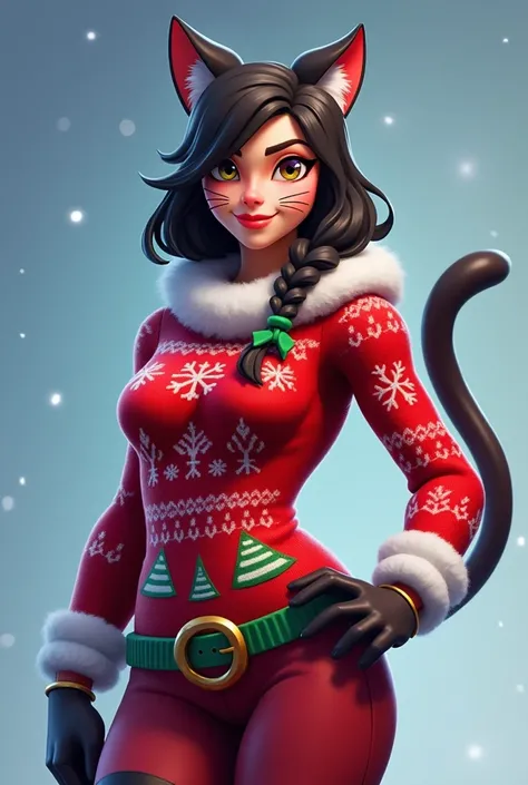 catgirl version of Court Queen Erisa from Fortnite with a Christmas twist, imagine her with cat ears, a playful tail, and a festive Christmas sweater adorned with holiday motifs. She could have whisker details on her face and perhaps some cute paws as glov...