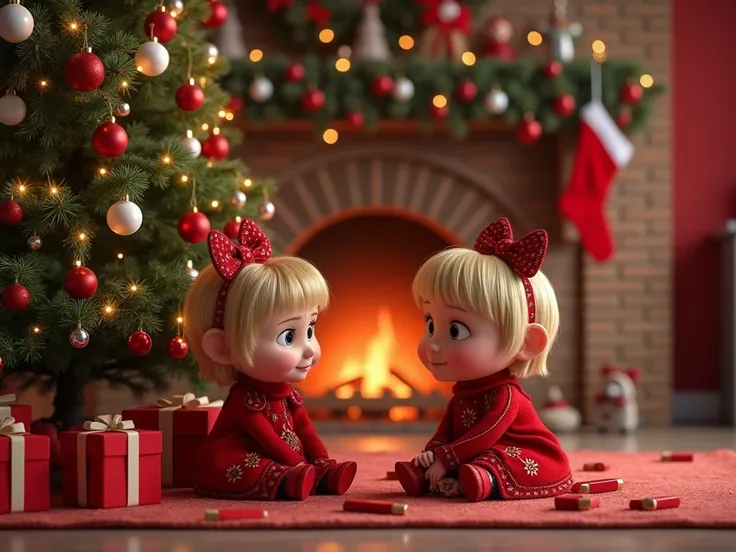  Create a poster ultra réaliste et détaillé en 4k of MASHA ET MICHKA  a côté dun sapin de Noël décoré en rouge et blanc et pret dune cheminée Ultra réaliste et détaillée style Disney 3d.
Thème de MASHA ET MICHKA