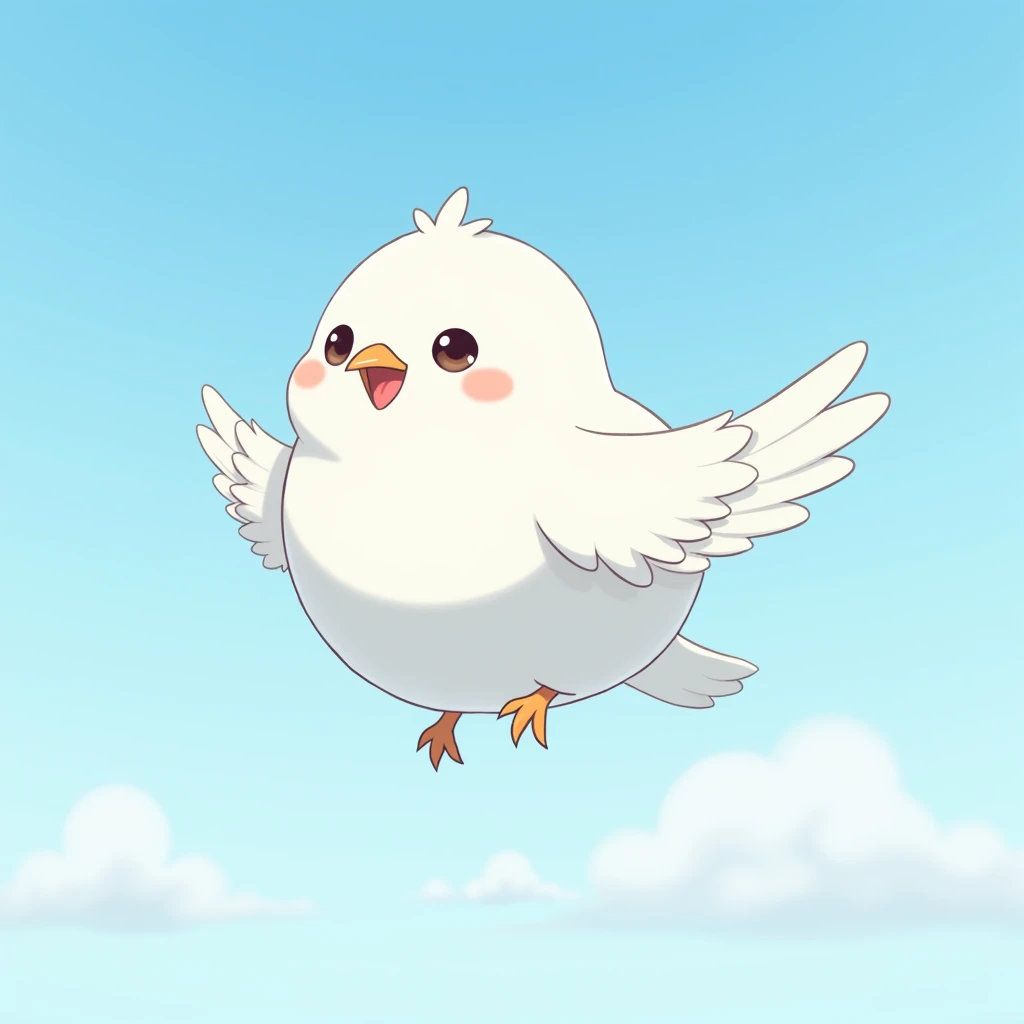 Masterpiece,Best quality, Anime style, pure white sparrow mascot, round body, fluffy body, simple face, cute appearance, ((Flying in the sky))