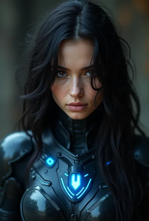 big black eyes, Aura, messy long black hair,Black and blue sci-fi armor, science fiction style, high quality, atmosphere, war, stunning professional pose, realistic, beautiful woman, perfect face, dark background, candid, full body, sexy