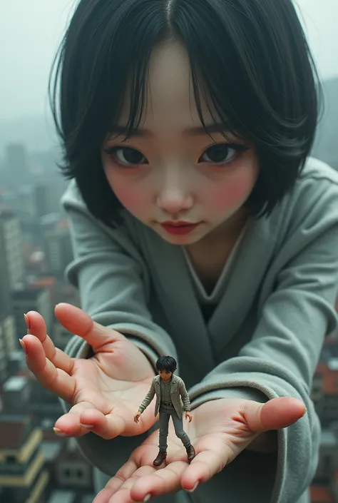  a woman who grabs a miniature human 、live-action、A woman bigger than a building、Giantess、Terrified Miniature People 々、Realistic townscape、Ultra Miniature Town 、japanese woman,japanese Giantess woman、 Skyscraper 、 high-rise apartment 、 Japanese high school...