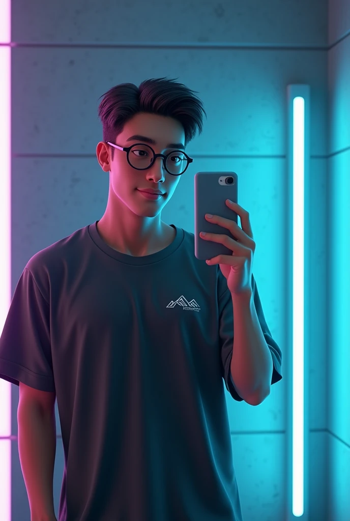  m young man with realistic features taking a selfie in a mirror ,  holding a modern gray cell phone .  He has short hair ,  wavy on the top and shaved sides ,  and wears round glasses with a black frame .  His expression is natural , } with a slight smile...