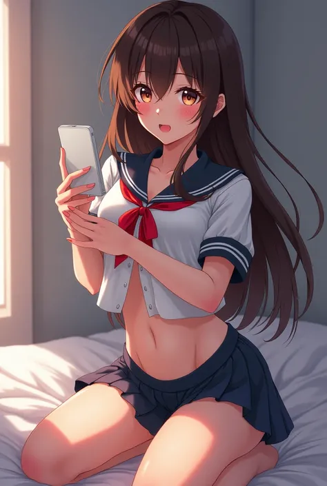 Hentai anime-style brunette schoolgirl touching her shaved pussy while showing herself on video call