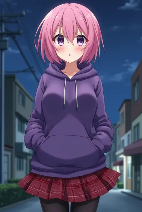  pink hair,Purple Eyes, shorter hair, pure white skin, curvy body , boyish,cool,Neutral, muscular, Tall,Beautiful breasts, nice butt,Im wearing a purple oversized hoodie,Red Check Skirt, black tights, anime style,Residential area at night,( facing the fron...