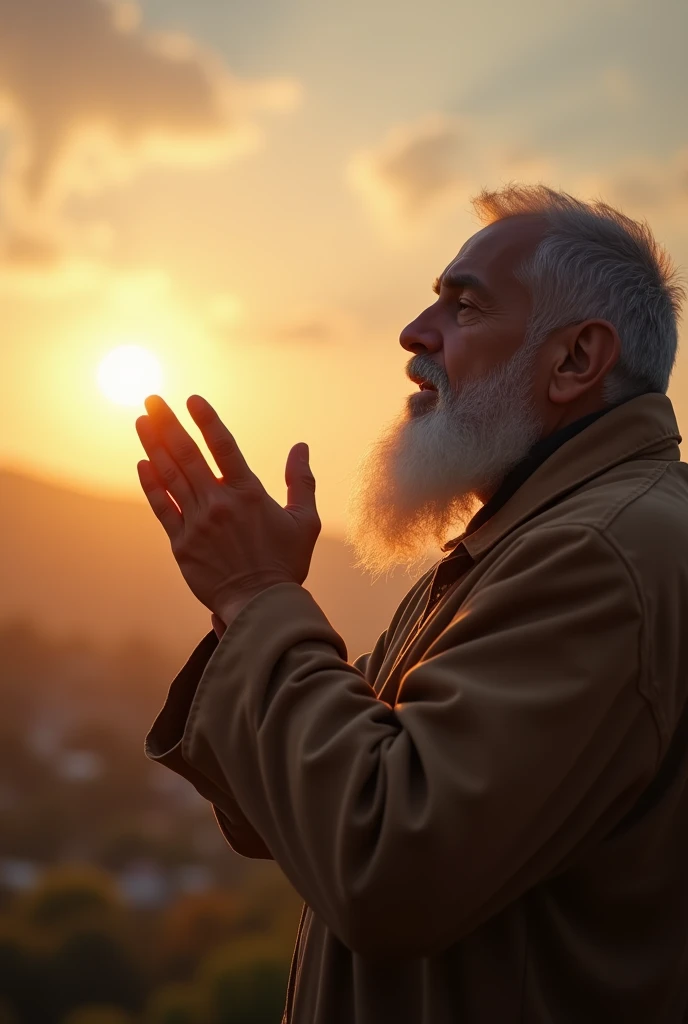 Generating an image for a morning prayer should have all the characteristics of a prayer, but the image should appear a gentleman, like an old man with a white beard who raises his hand to the sky so that you are praying with the sun shining a little