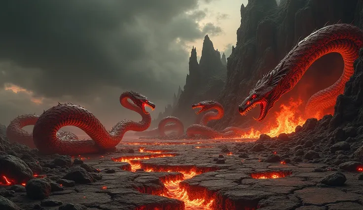 Raurava, a desolate hell filled with jagged rocks and burning pits of molten lava. The ground is cracked, emanating intense heat and smoke. Enormous, venomous serpents with glowing red eyes and scales covered in flames slither menacingly across the terrain...