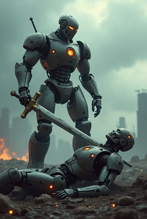 An evil robot dying from a sword of a good robot king