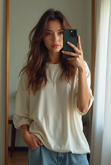 Brunette girl brown eyes taking photo with iPhone 14 of herself in a mirror wearing baggy t-shirt and baggy jeans in a room she is wearing makeup and she is  