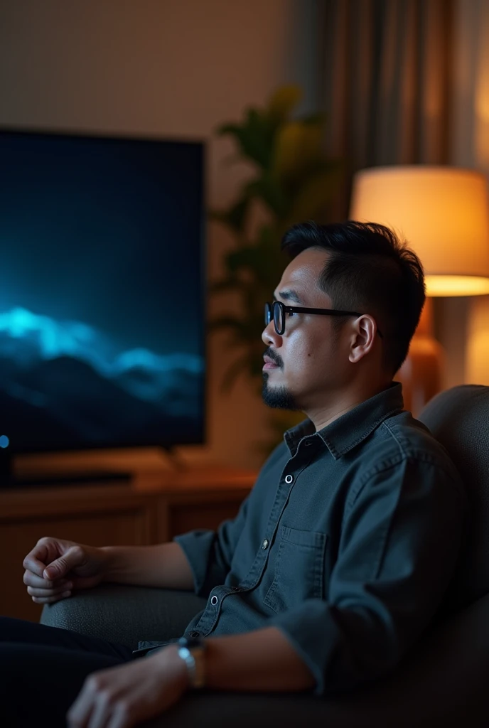  An Indonesian man in glasses who is watching a black LED TV on the LED screen in the living room,The man holds the TV control knob for  