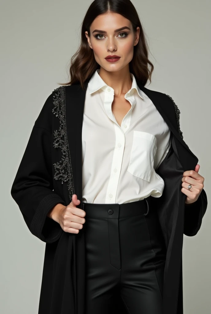 White button shirt with black skirt. White outer skirt with lace. Fancy black cardigan with shinning beads. Black shawl and dark feminine makeup