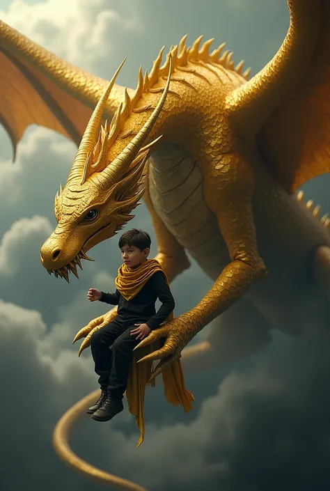 A golden dragon above the black clouds holding a boy with his face covered with a gold scarf and dressed all black 