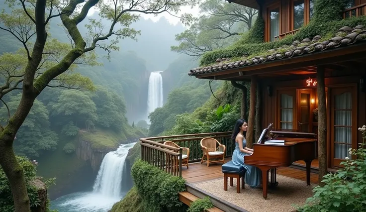 Cozy little tree house with balcony overlooking a waterfall in the mountains. A cascading waterfall falls into a small pool surrounded by green moss and mountain flowers. A beautiful Chinese woman in a dress plays a acoustic grand piano on the terrace of t...