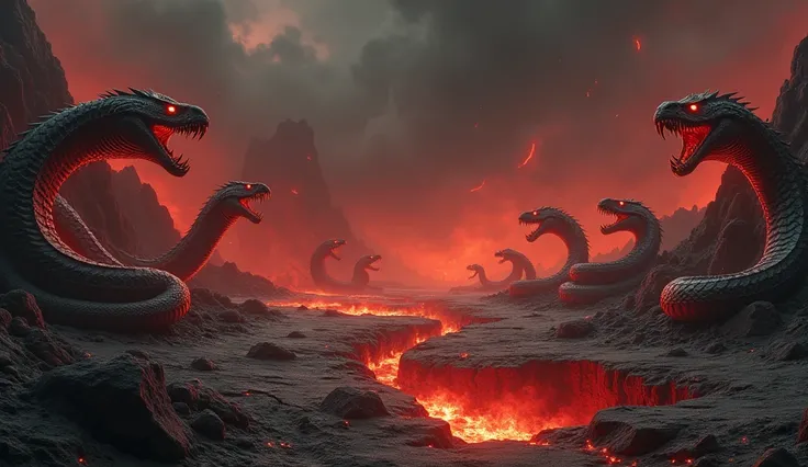 Raurava, a desolate hell filled with jagged rocks and burning pits of molten lava. The ground is cracked, emanating intense heat and smoke. Enormous, venomous serpents with glowing red eyes and scales covered in flames slither menacingly across the terrain...