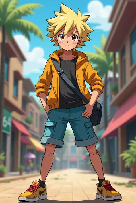 15-year-old blond photographer posing in a confident Pokémon character pose 