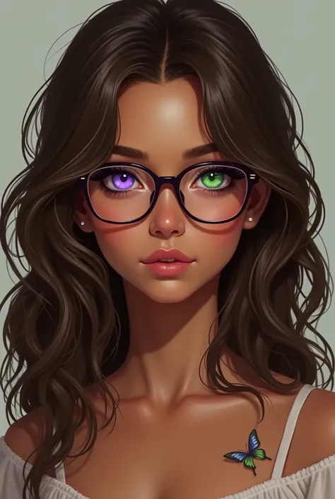  Girl with wavy brown hair 
-one eye purple and the other green 
- long hair 
- light brown skin color, Trigueña
- with glasses and a small butterfly tattoo on her neck 