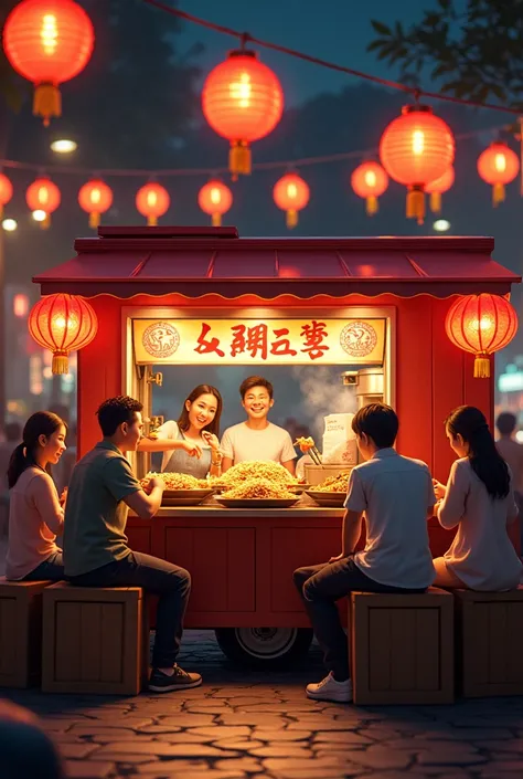  Create a picture-like image of an oriental food trailer .

 The trailer has Chinese lanterns hanging .

There are customers sitting enjoying Yakisoba .

And there is a box-like box where the customer is eating their food