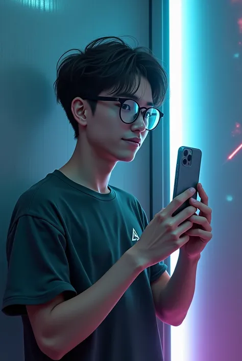 IMPROVE THIS TEXT AND ADD MORE FUTURISTIC DETAILS - A young man with realistic features taking a selfie in a mirror,  holding a modern gray cell phone .  He has short hair ,  wavy on the top and shaved sides ,  and wears round glasses with a black frame . ...