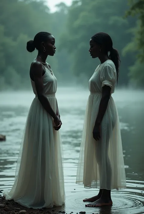 Prompt: "A close-up of Ada  19 years old Nigerian girl and the girl at the riverbank. The girl stands calmly, water flowing around her feet, her translucent gown shimmering in the light. Ada looks shocked, her hands trembling, as she faces the girl. The su...