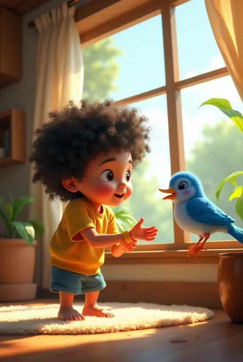 Boy with curly hair teaching a blue bird to fly in a room next to a window  