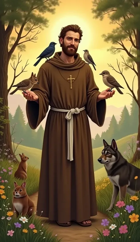  Create an image of Saint Francis of Assisi , o santo padroeiro dos animais e da natureza, in a bucolic and serene setting.  He must be dressed in a simple brown habit with a white cord around the waist, representing your humility .  Your expression must c...