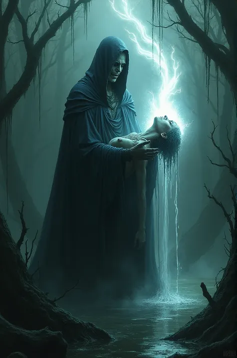 The Swamp Queen with her long dark hooded clothing ,  and his deceased face holding his victim by the face and sucking the energy that comes out of the victims mouth and enters her mouth, in an intense white color until the victim dries up and is left with...