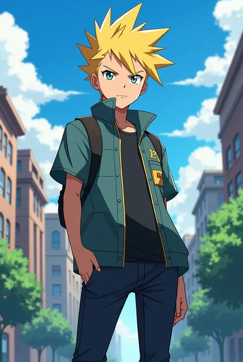 15-year-old blond photographer posing in a confident and arrogant pose, character with Pokémon anime design 