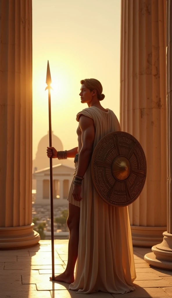 Athena, with his spear and shield ,  in a temple in Athens ,  surrounded by majestic columns and an atmosphere illuminated by the golden light of the sun,  his gaze expresses determination as he observes the horizon ,  the background shows the Parthenon an...