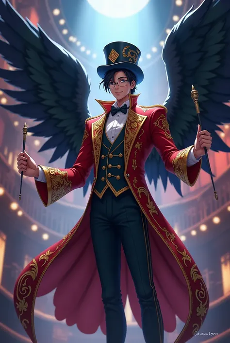 Adult man angel ,short black hair,Animated circus presenter outfits and wearing glasses,anime design fullart, Black wings,at night, holding a circus presenters baton in their right hand, Hat from a band of musicians 