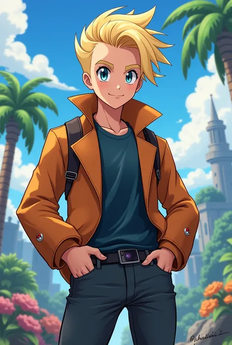 15-year-old blond photographer in an arrogant pose, character with Pokémon anime design 